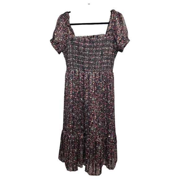 NWT Dex Tinsley Smocked BOHO Black Pink Gold Midi Dress Sheer Puff Sleeves, sz X - Picture 3 of 11